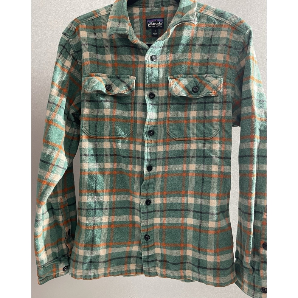 Patagonia Organic Cotton Fjord Flannel Shirt Men's Small Green Orange Plaid